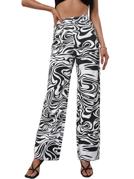 

allover print high waist straight leg jeans 08kx#, Blue