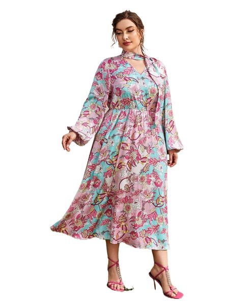 

plus tie neck allover floral dress q0wm#, Black