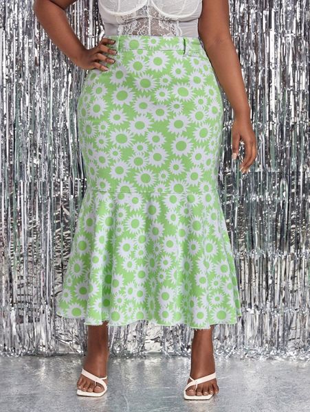 

plus allover floral print ruffle hem denim skirt t7h5#, Black