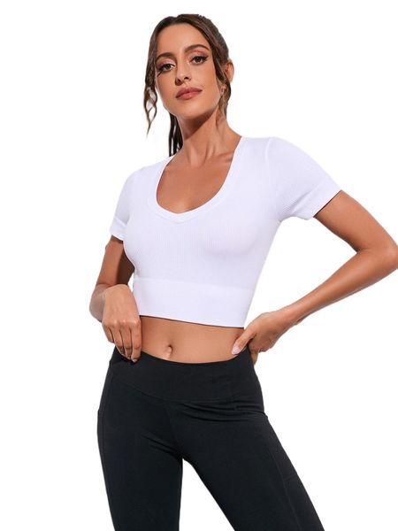 

seamless solid crop sports tee j90q#, Gray