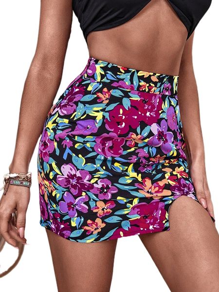 

floral print slit hem bodycon skirt x3og#, Black