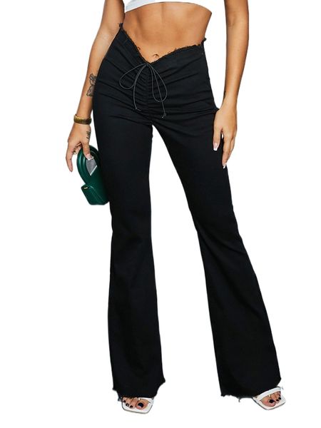 

ruched drawstring knot raw hem jeans t3uh#, Blue