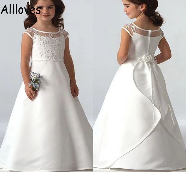 Elegante weiße Satin-Blumenmädchenkleider für die Hochzeit, Juwelenhals, Spitzenapplikationen, lange Prinzessin-Party-Festzug-Kleider, bodenlang, Erstkommunion-Kleider für Kinder, CL0329