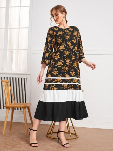 

plus colorblock floral print ruffle hem dress t5ih#, Black