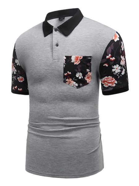 

men floral print patched pocket contrast collar polo shirt v4qp#, White;black