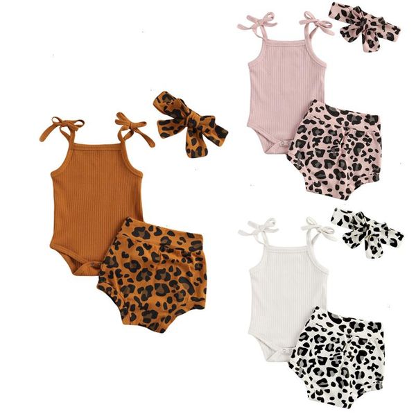 

0-18m summer baby girls boys clothes sets leopard print sleeveless knit solid romper shorts headband set, White