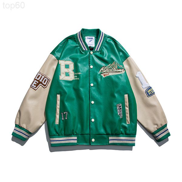 

men's jackets designer atn menswear 2022 spring flocking embroidered baseball jacket men's fashion street pu leather splicing casu, Black;brown