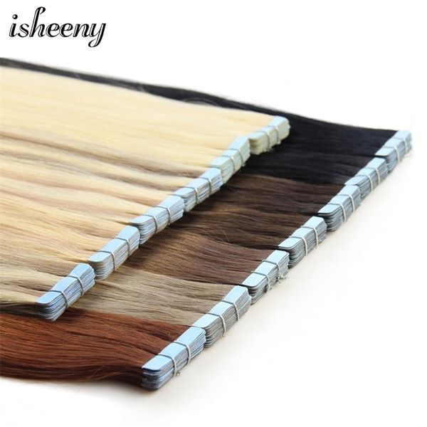 Isheeny blonde Echthaar-Tape-In-Extensions, europäischer natürlicher Hautschuss, 30,5–61 cm, Schwarzbraun, 100 % echt, W220401