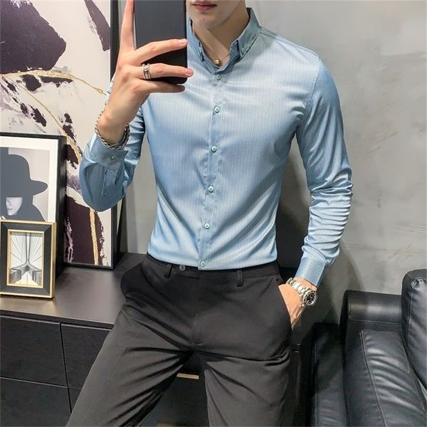 

new fashion cotton long sleeve shirt stripe slim fit male social casual business dress shirt 201124, White;black