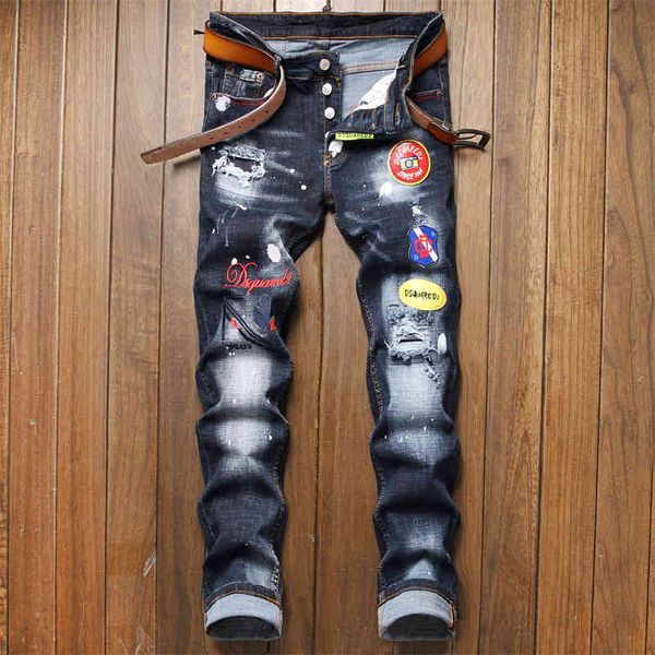 

men's jeans tattered patch men's slim stretch d2 blue badge embroidery tight beggars pants 1210 45c1