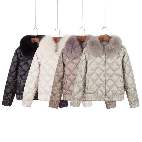 

women winter thin down coats fashion slim plaid long sleeved single breasted with real fur warm ultra light jackets y201026, Black