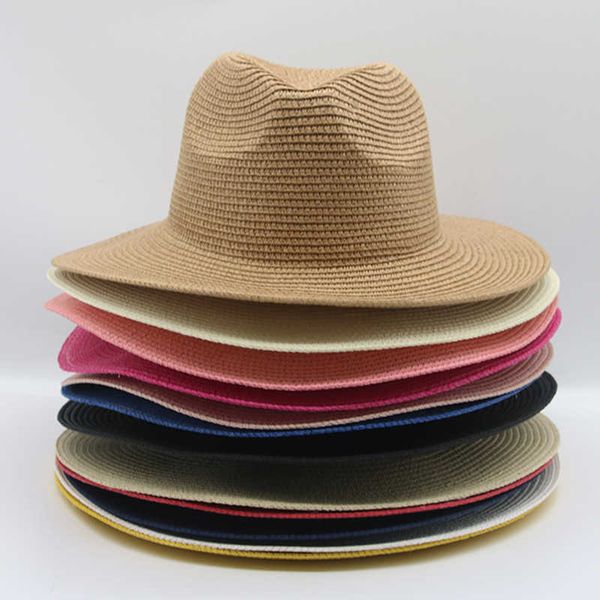 

summer women men wide brim solid jazz sun straw fedora hats outdoor beach travel uv protective handmade, Blue;gray