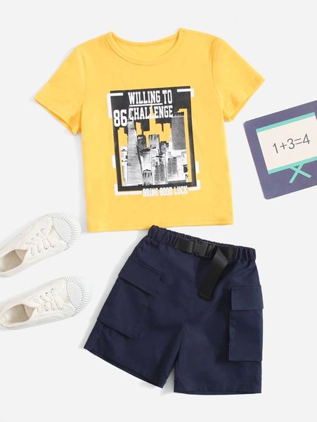 

toddler boys letter & building graphic tee & shorts set she, White