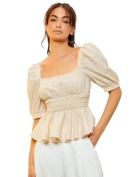 

plaid print puff sleeve shirred waist peplum s4n5#, White