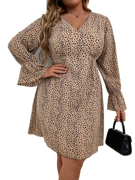 

plus allover print flounce sleeve dress 56um#, Black