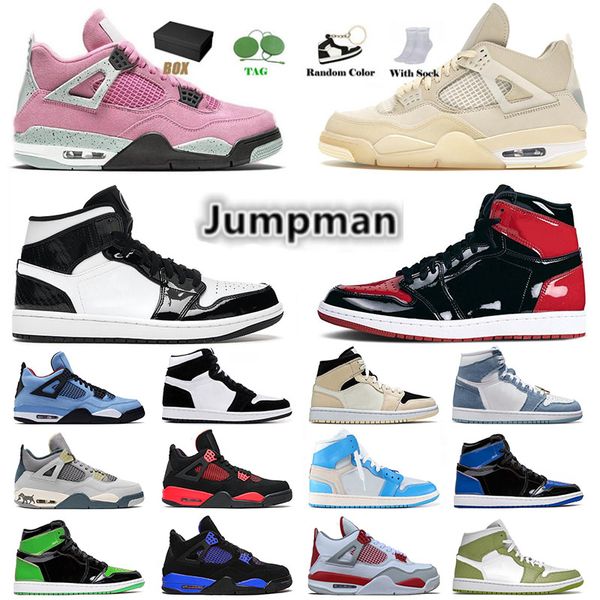

with box designer 1 4 jumpman basketball shoes mens womens patent leather sb bred j4 retro military black cat blue thunder offs white sneake, White;red