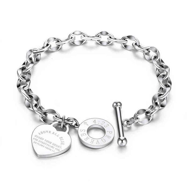 2021 Neueste Ankunft Edelstahl Kettenarmbänder Gravierte Wörter Personalisiertes Herz O Brief Liebe Bibel Sprichwörter Link Armband Frauen H220418