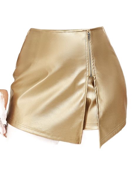 

zipper front pu leather skort z5al#, White;black