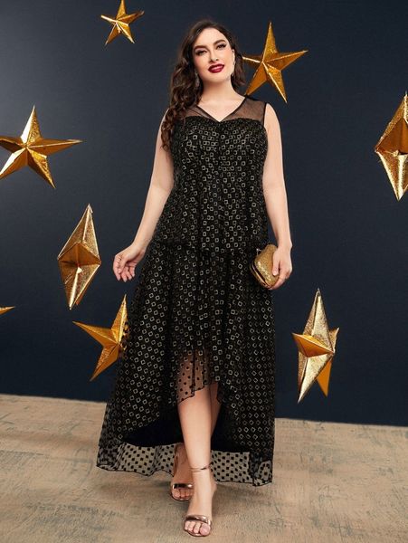 

plus geo print high low mesh dress p1ri#, Black