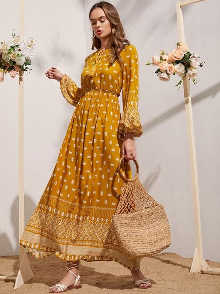 

floral and geo print tassel tie neck lantern sleeve dress h15b#, Black;gray