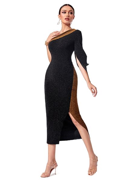 

colorblock one shoulder contrast mesh slit hem bodycon dress c8jm#, Black;gray