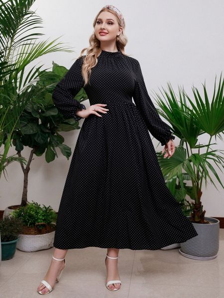 

plus polka dot flounce sleeve mock neck dress g6gs#, Black