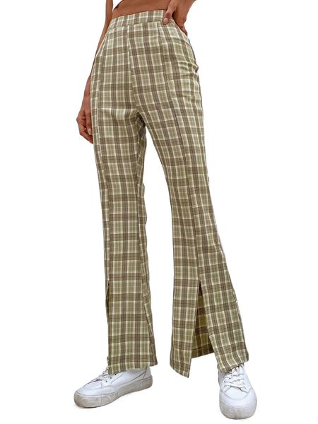 

plaid print split hem flare leg pants l7is#, Black;white