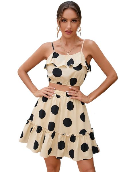 

polka dot cami & ruffle trim skirt y5gn#, White