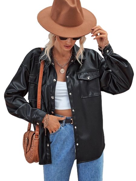 

flap pocket drop shoulder pu leather coat c3gs#, Black