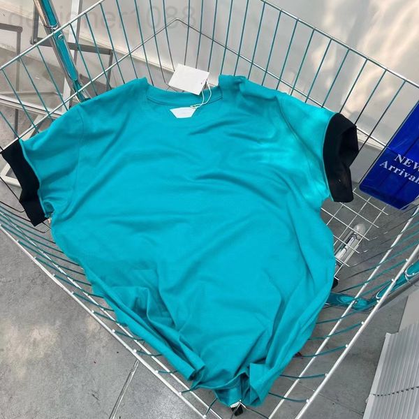 

women's t-shirt designer bv correct spring and summer new style lake water blue fold over flanging double sleeve contrast letter embroi, White
