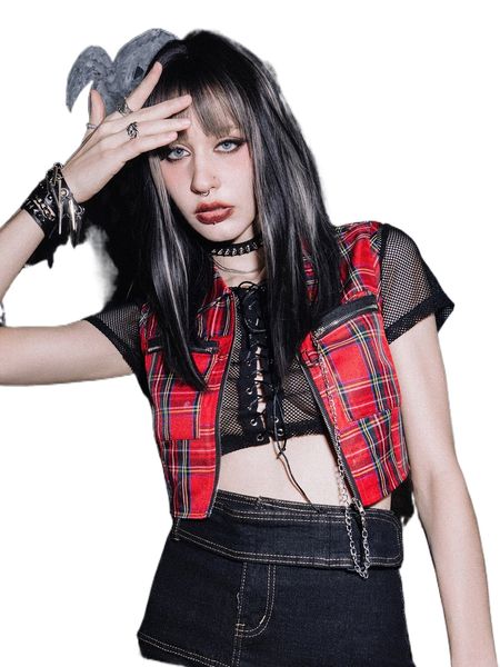 

romwe punk rock 1pc tartan zip up sleeveless jacket n3pf#, Black;brown