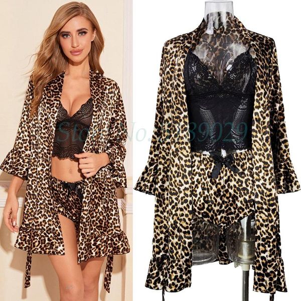 Frauen Nachtwäsche sexy Leopard Kimono Robe Satin -Print Lady Nachthemd Bademant