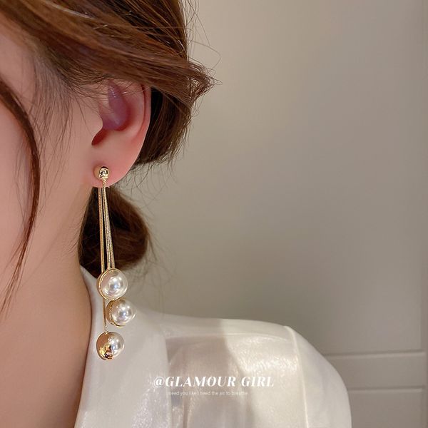 

real gold electroplated silver needle pearl tassel earrings french retro high-grade light luxury ear studs earrings graceful eardrop women, Golden