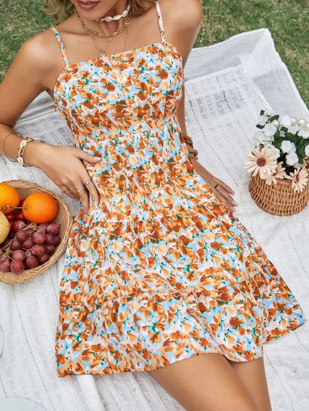 

allover floral print ruffle hem cami dress l9jd#, Black;gray