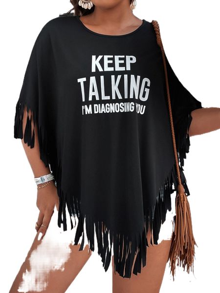 

plus slogan graphic fringe trim tee x7kt#, Black
