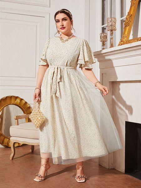 

plus ditsy floral print butterfly sleeve mesh hem belted dress g2pp#, Black