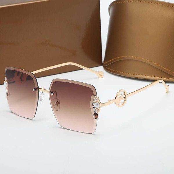 

2023 Summer Fashion Womens Sunglasses Designer Square Frameless Art Pearl Embellished Gold Metal Temples Premium Texture Simple