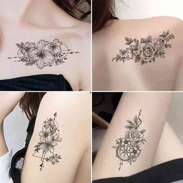 NXY Tatuaggio Temporaneo 30 pz Set Donna Adesivo Nero Rosa Tatoo Falso Corpo Mani Braccio Gamba Fiori Tatuaggi Tatouage Temporaire Femme 0330