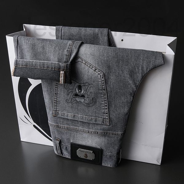 

men's jeans designer straight brand spring and summer thin jeans men's elastic slim fit embroidered cigarette grey youth pants kf0, Blue