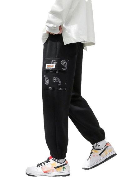 

men paisley flap pocket patch detail sweatpants 17v5#, Black
