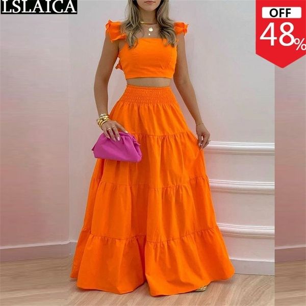 

fashion two piece sets womens outifits summer crop & high waist loose maxi skirts set casual solid elegant holiday 220510, White