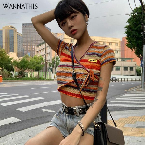 

multicolor stripe crop women short sleeve v-neck irregular criss cross bandage fashion summer casual cropped shirt, White