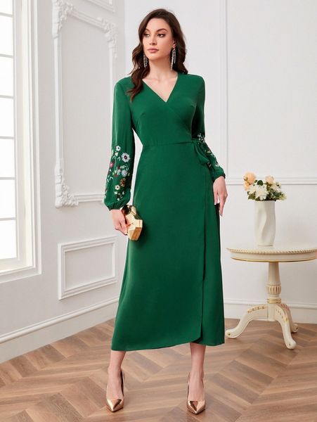 

floral embroidery bishop sleeve knot side wrap dress e88u#, Black;gray