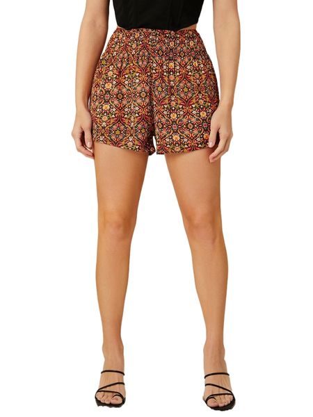 

allover floral print shirred waist shorts 61w8#, White;black