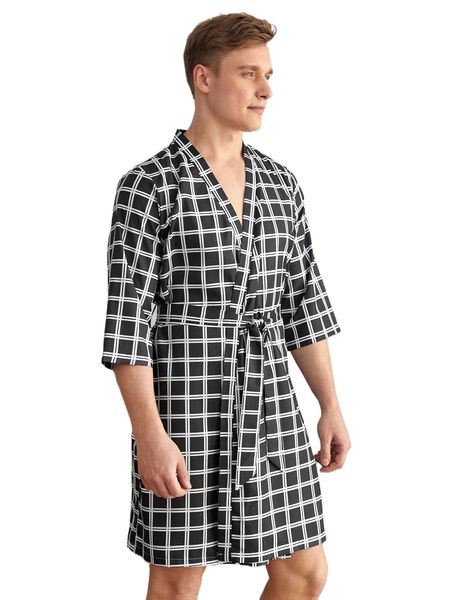 

men plaid print belted robe z45s#, Black;brown