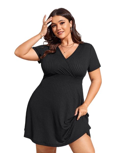 

plus solid rib knit surplice neck dress i2uz#, Black