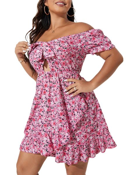 

plus ditsy floral print off shoulder knot front ruffle trim wrap dress g3y4#, Black