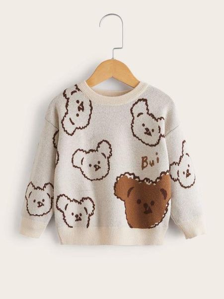 

toddler boys letter & bear pattern drop shoulder sweater she02, Blue