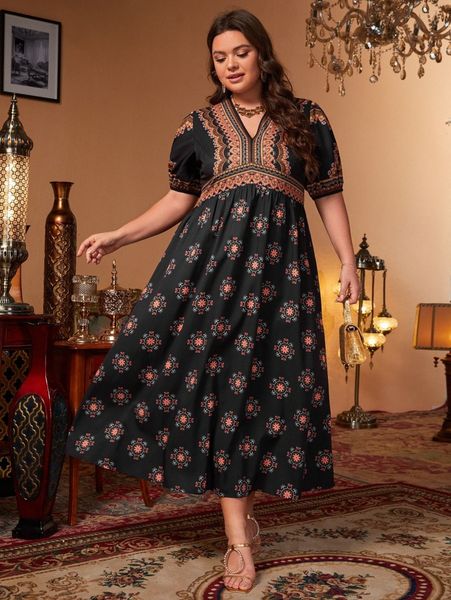 

plus floral & geo print a-line puff sleeve dress d5lt#, Black
