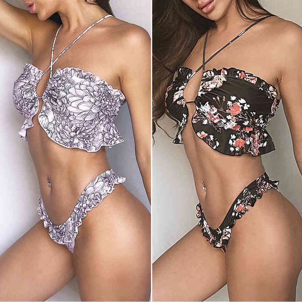 

bikinis set floral ruffle swimsuit bandage print bikini
